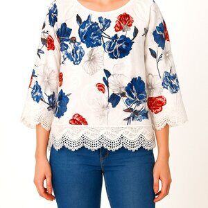 Chico's Floral Print Blouse with Lace Hem